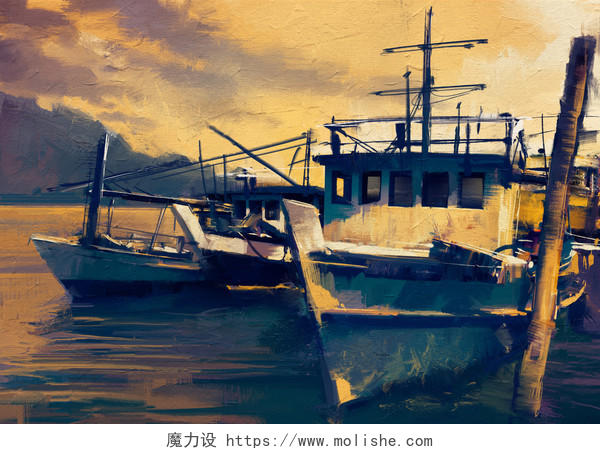 渔船在港口的旧式风格绘画